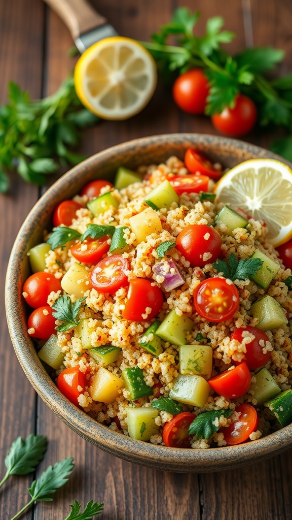 A vibrant quinoa salad with cherry tomatoes, cucumbers, and bell peppers, garnished with herbs and lemon.